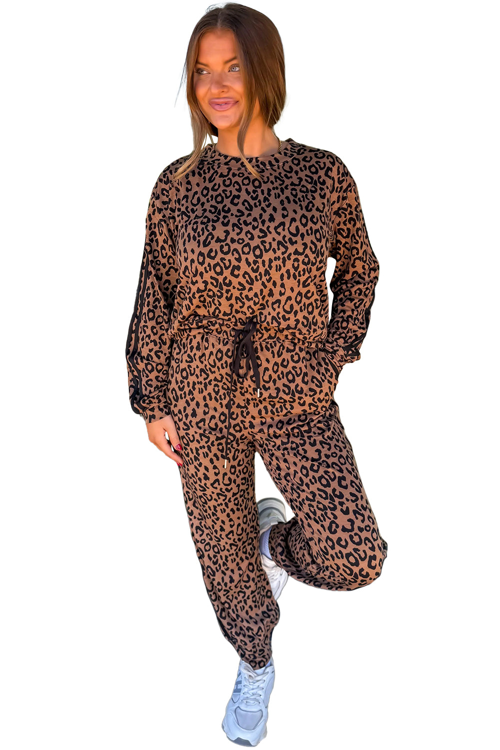Brown Varsity Striped Trim Leopard Long Sleeve Top Drawstring Pant Set-Two Piece Sets/Pant Sets-[Adult]-[Female]-2022 Online Blue Zone Planet