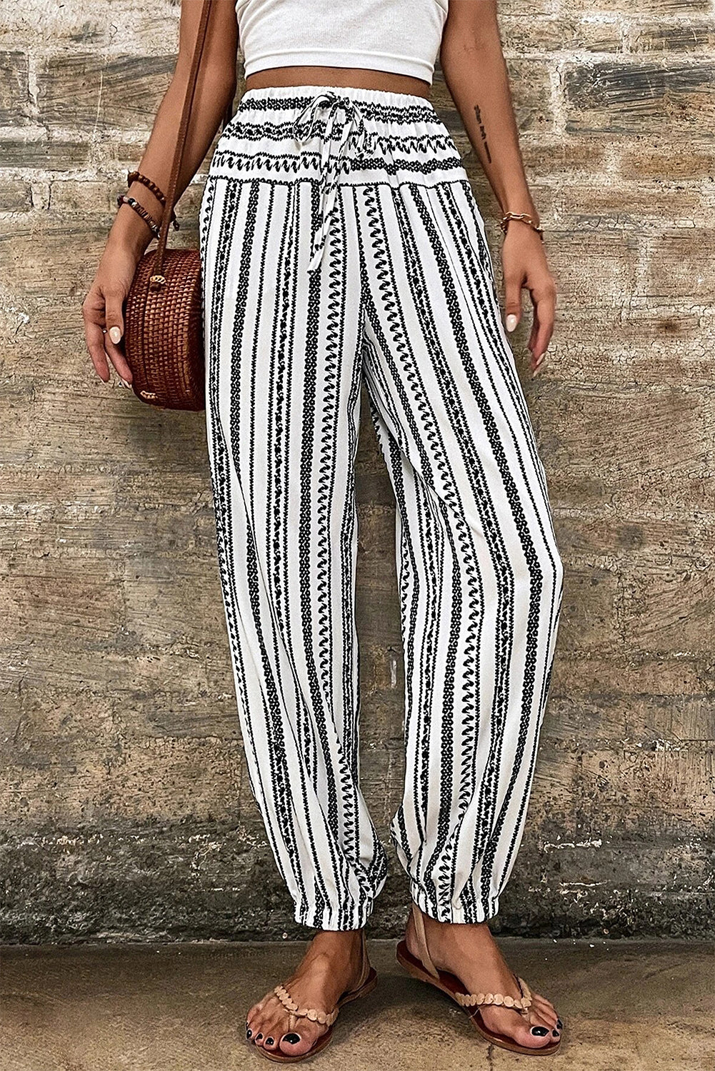 Black Stripe Boho Print Drawstring Elastic Waistband Casual Joggers-Bottoms/Pants & Culotte-[Adult]-[Female]-2022 Online Blue Zone Planet