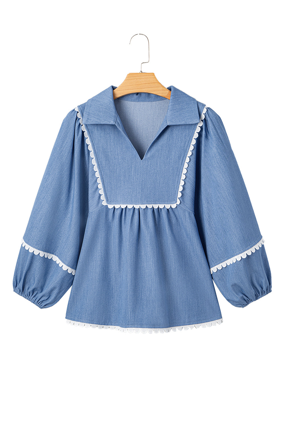 Dusk Blue Lace Ric Rac 3/4 Puff Sleeve Collared Babydoll Blouse-Tops/Blouses & Shirts-[Adult]-[Female]-2022 Online Blue Zone Planet