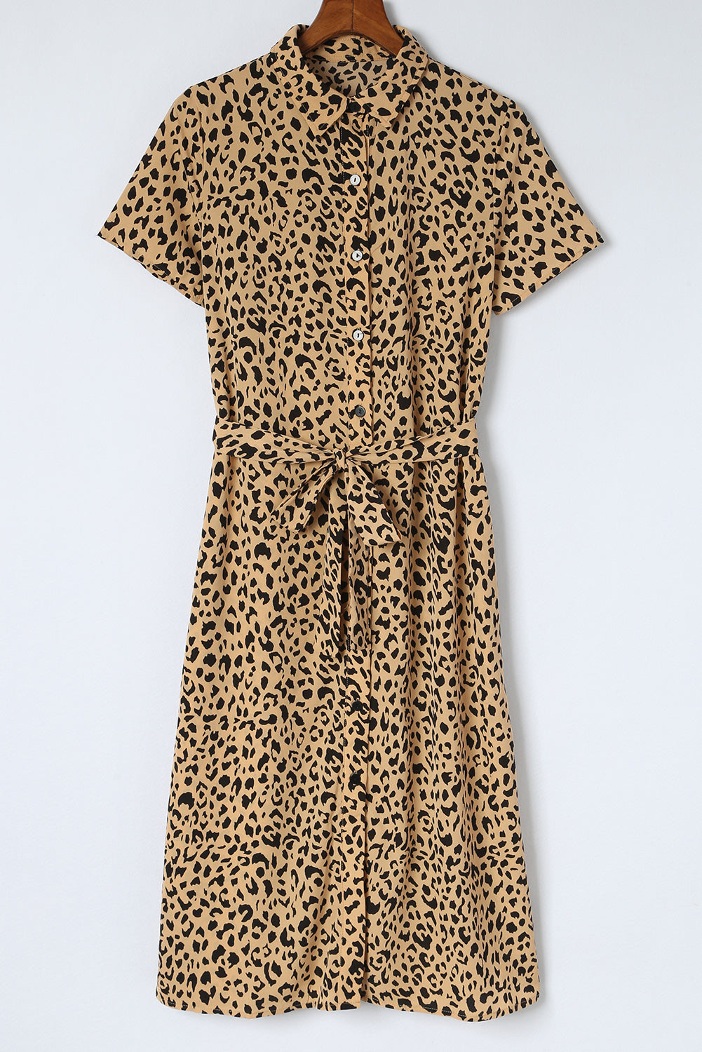 Khaki Leopard Turn-Down Collar Slit Midi Dress Blue Zone Planet