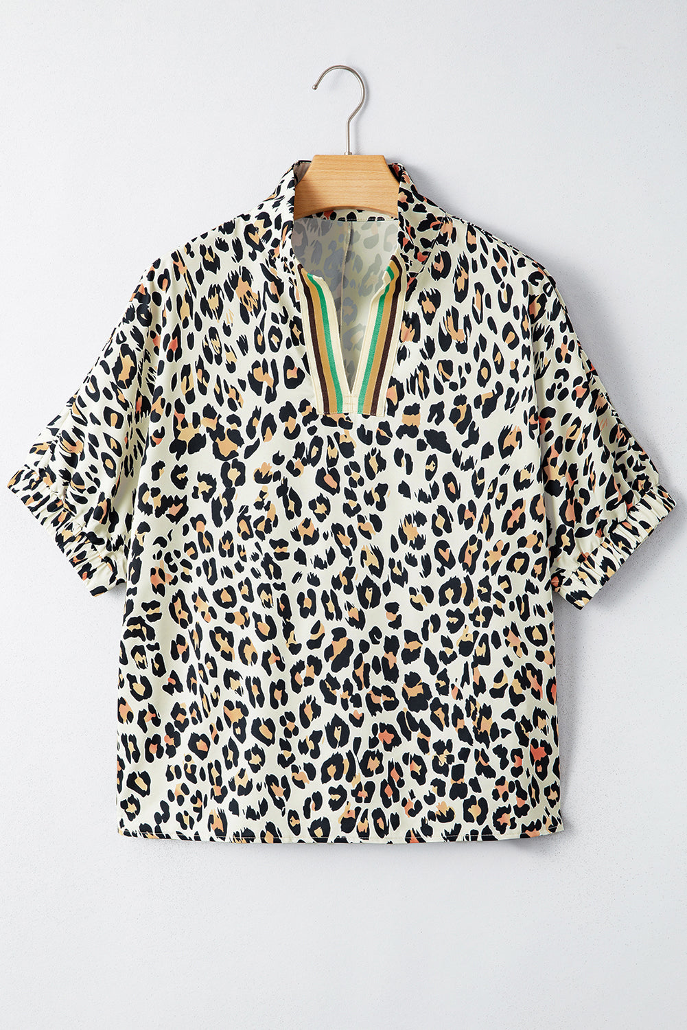 Khaki Leopard Color Block Contrast Striped V Neck Half Sleeve Loose Fit Blouse-Tops/Blouses & Shirts-[Adult]-[Female]-2022 Online Blue Zone Planet