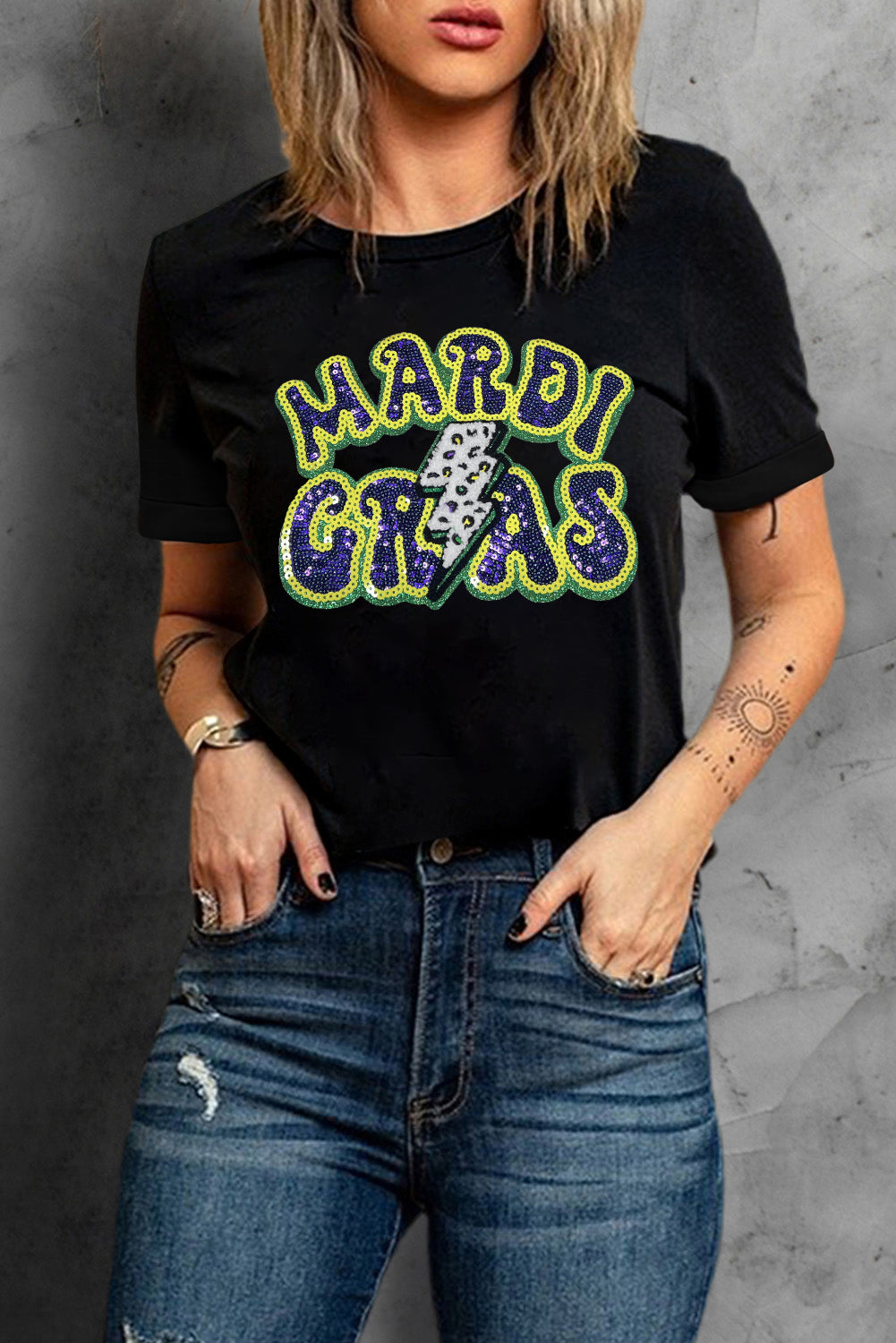 Black Sequin MARDI GRAS Letter Crewneck Tee-Graphic Tees-[Adult]-[Female]-2022 Online Blue Zone Planet