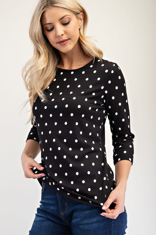 Celeste Full Size Polka Dot Round Neck Three-Quarter Sleeve T-Shirt-TOPS / DRESSES-[Adult]-[Female]-2022 Online Blue Zone Planet