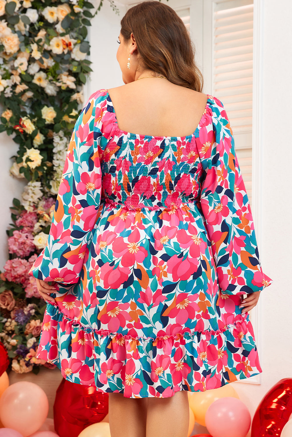 Rose Flower Print Smocked Square Neck Plus Size Dress-Plus Size/Plus Size Dresses/Plus Size Mini Dresses-[Adult]-[Female]-2022 Online Blue Zone Planet