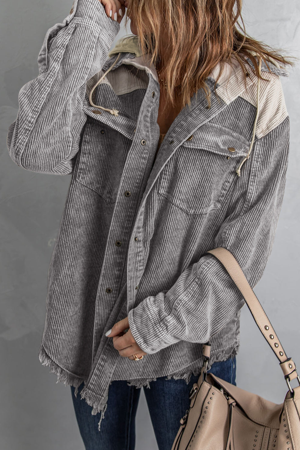 Gray Color Block Button Down Hooded Corduroy Jacket-Outerwear/Jackets-[Adult]-[Female]-2022 Online Blue Zone Planet