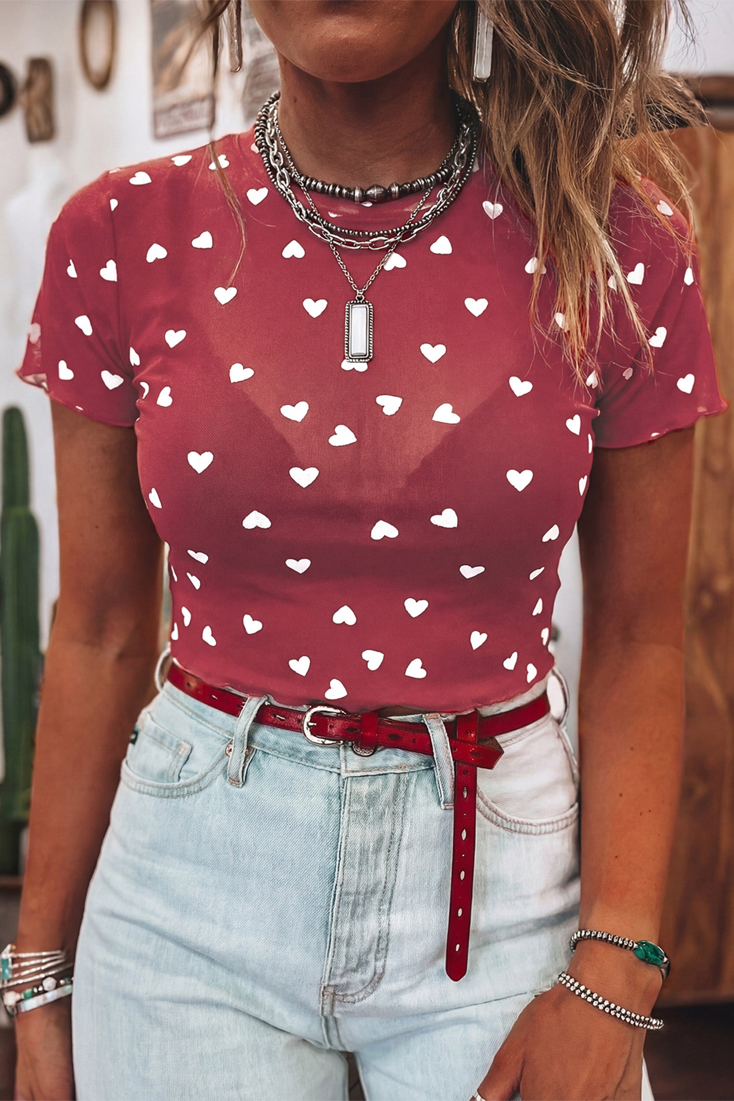 Racing Red Allover Heart Print Mesh Short Sleeve Top-Tops/Tops & Tees-[Adult]-[Female]-Racing Red-S-2022 Online Blue Zone Planet