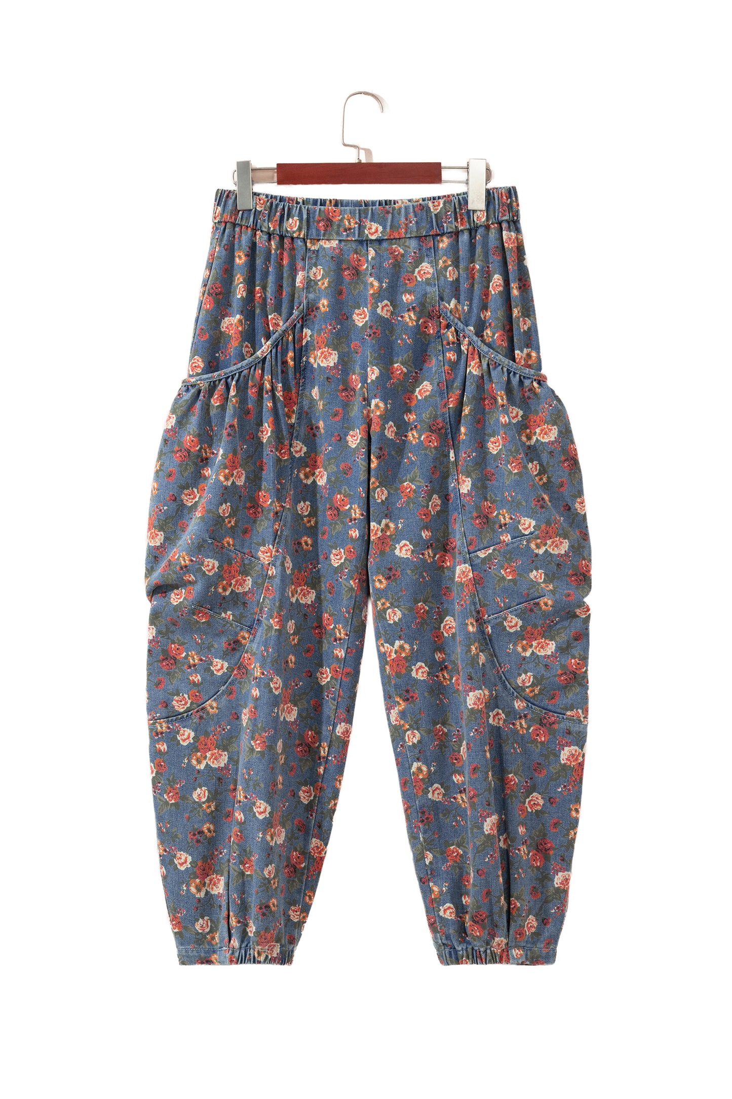 Beau Blue Retro Floral Print Elastic Waist Pocketed Barrel Jeans-Bottoms/Jeans-[Adult]-[Female]-2022 Online Blue Zone Planet