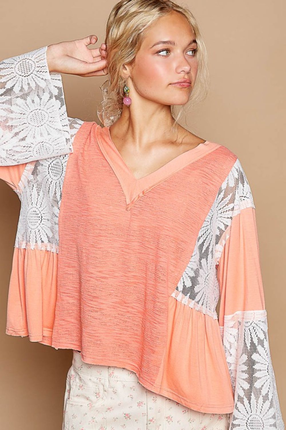 POL Lace Detail V-Neck Flare Sleeve Blouse-TOPS / DRESSES-[Adult]-[Female]-Coral-S-2022 Online Blue Zone Planet