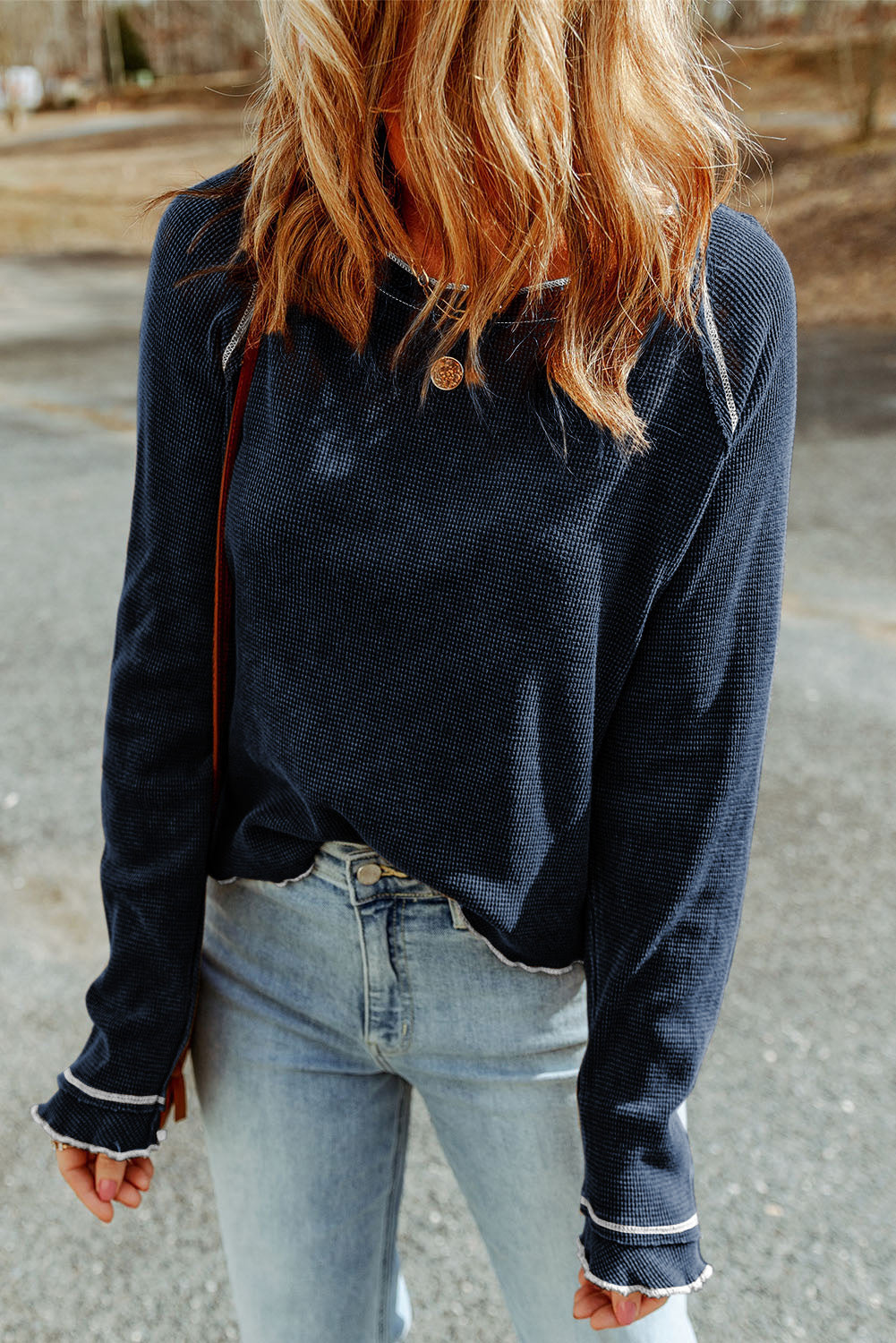 Blue Zone Planet |  Black Textured Round Neck Long Sleeve Top