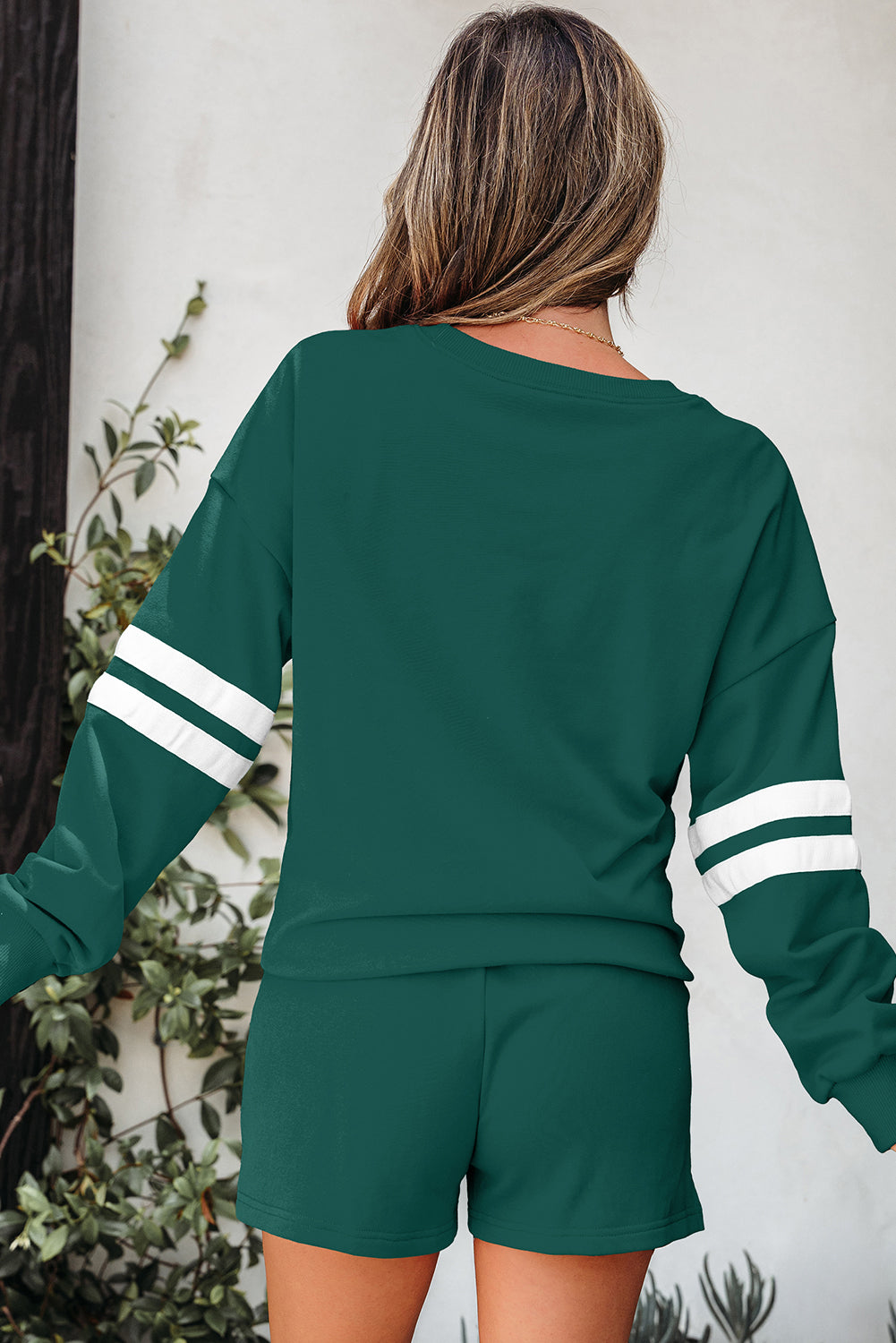 Fiery Red Varsity Striped Sleeve Drop Shoulder Sweatshirt and Short Set-Two Piece Sets/Short Sets-[Adult]-[Female]-2022 Online Blue Zone Planet