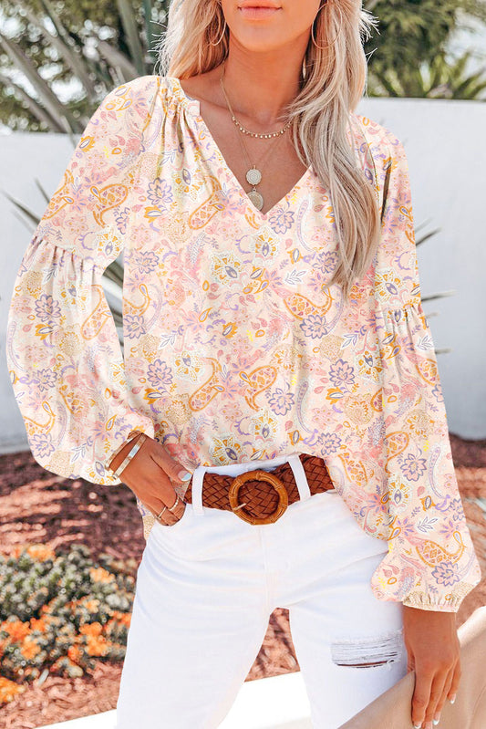 Golden Apricot Floral Print V Neck Long Puff Sleeve Top-Tops/Blouses & Shirts-[Adult]-[Female]-Golden Apricot-S-2022 Online Blue Zone Planet
