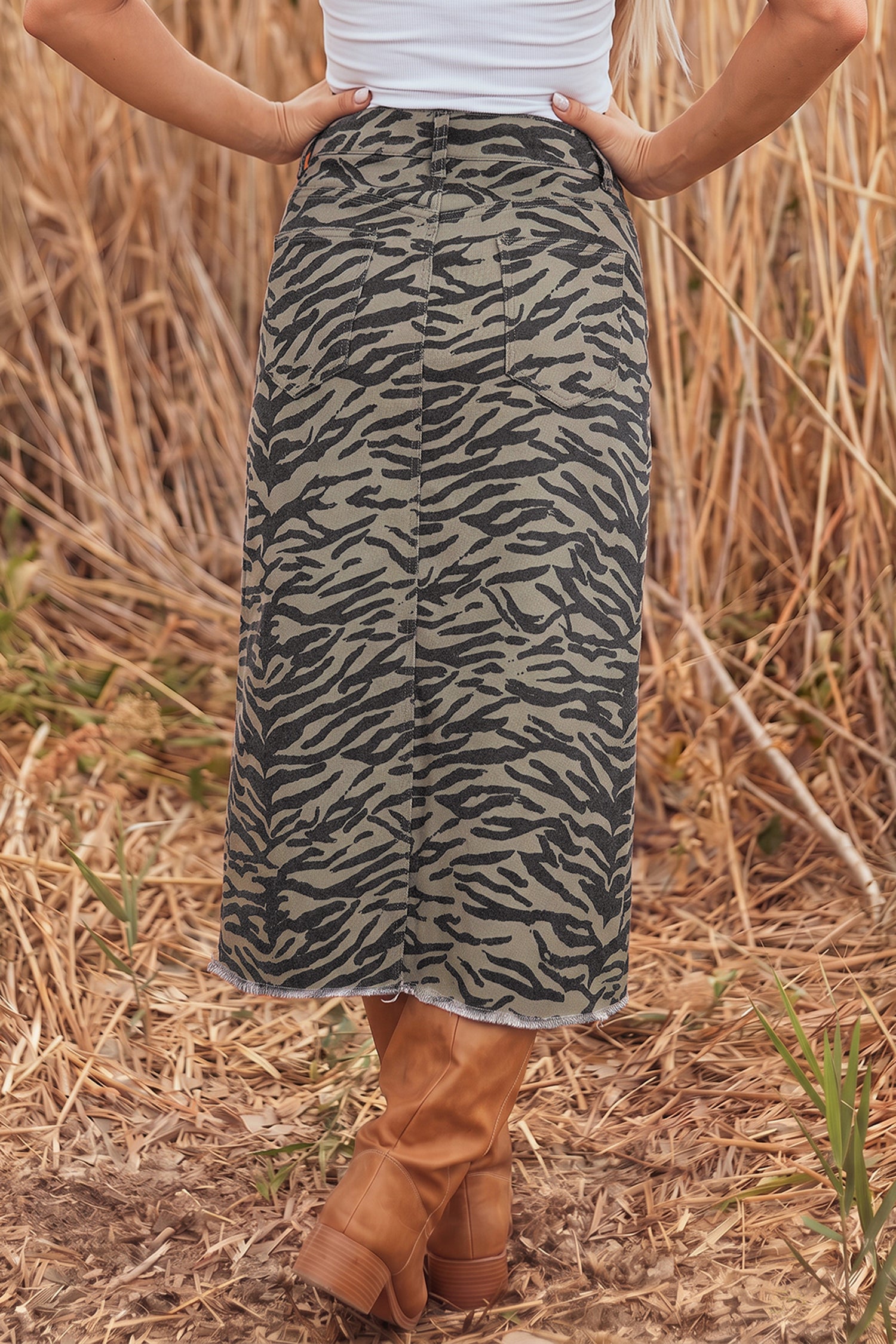 Brown Leopard Print Side Split Frayed Hem Denim Midi Skirt-Bottoms/Skirts & Petticoat-[Adult]-[Female]-2022 Online Blue Zone Planet