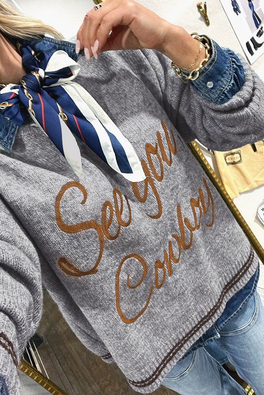 Light Grey See You Cowboy Embroidered Western Graphic Sweater-TOPS / DRESSES-[Adult]-[Female]-Light Grey-S-2022 Online Blue Zone Planet