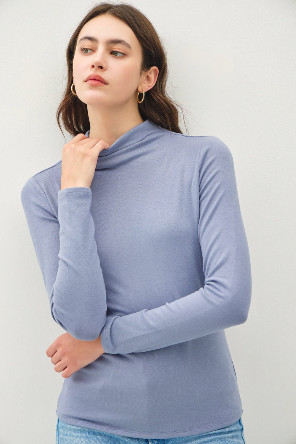 Blue Zone Planet | Be Cool Mock Neck Long Sleeve T-Shirt-TOPS / DRESSES-[Adult]-[Female]-Vintage Blue-S-2022 Online Blue Zone Planet