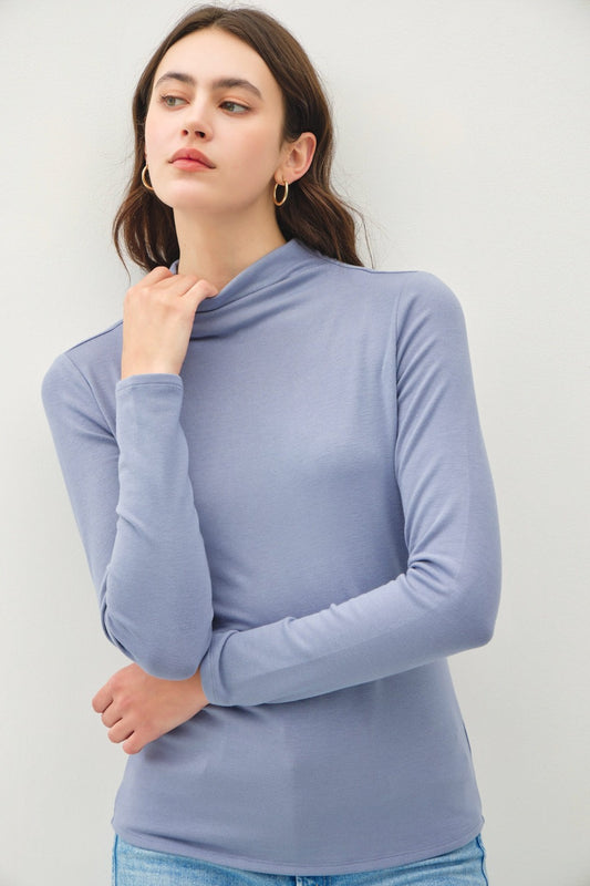 Blue Zone Planet | Be Cool Mock Neck Long Sleeve T-Shirt-TOPS / DRESSES-[Adult]-[Female]-Vintage Blue-S-2022 Online Blue Zone Planet