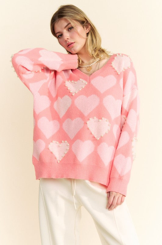 Davi & Dani Heart Pearl Side Slit V Neck Sweater-TOPS / DRESSES-[Adult]-[Female]-Pink Multicolor-S-2022 Online Blue Zone Planet