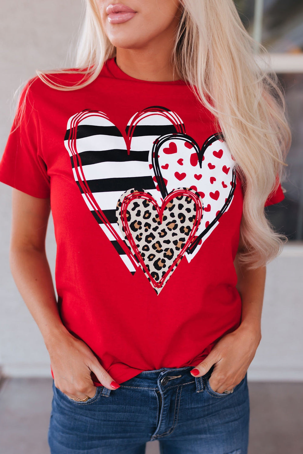 Red Leopard Striped Heart Shaped Print Crew Neck T Shirt-Graphic/Graphic Tees-[Adult]-[Female]-Red-2-S-2022 Online Blue Zone Planet