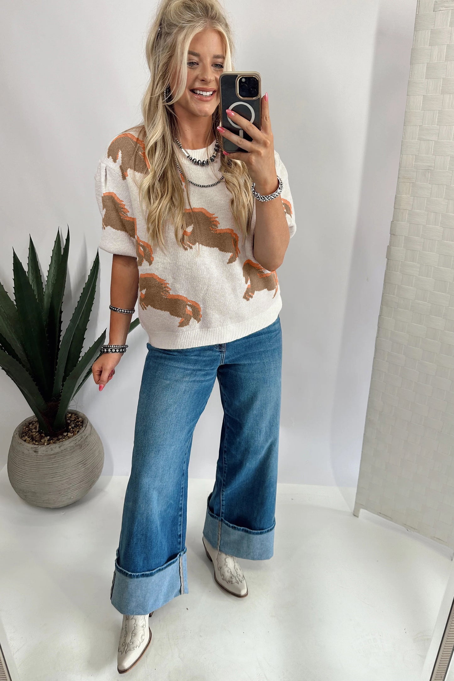 White Western Horse Printed Short Puff Sleeve Sweater-Sweaters & Cardigans/Short Sleeve Sweaters-[Adult]-[Female]-2022 Online Blue Zone Planet