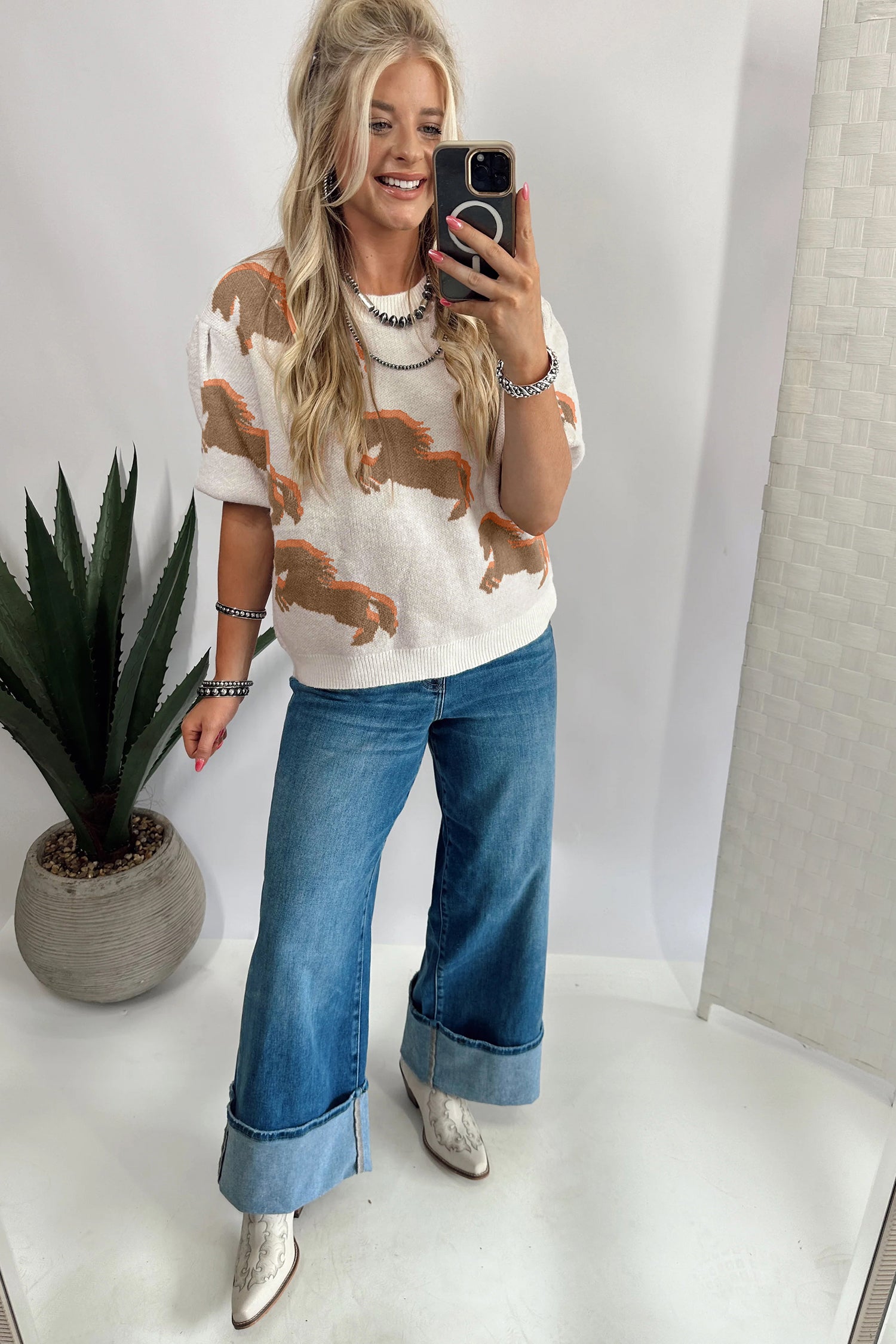 White Western Horse Printed Short Puff Sleeve Sweater-Sweaters & Cardigans/Short Sleeve Sweaters-[Adult]-[Female]-2022 Online Blue Zone Planet