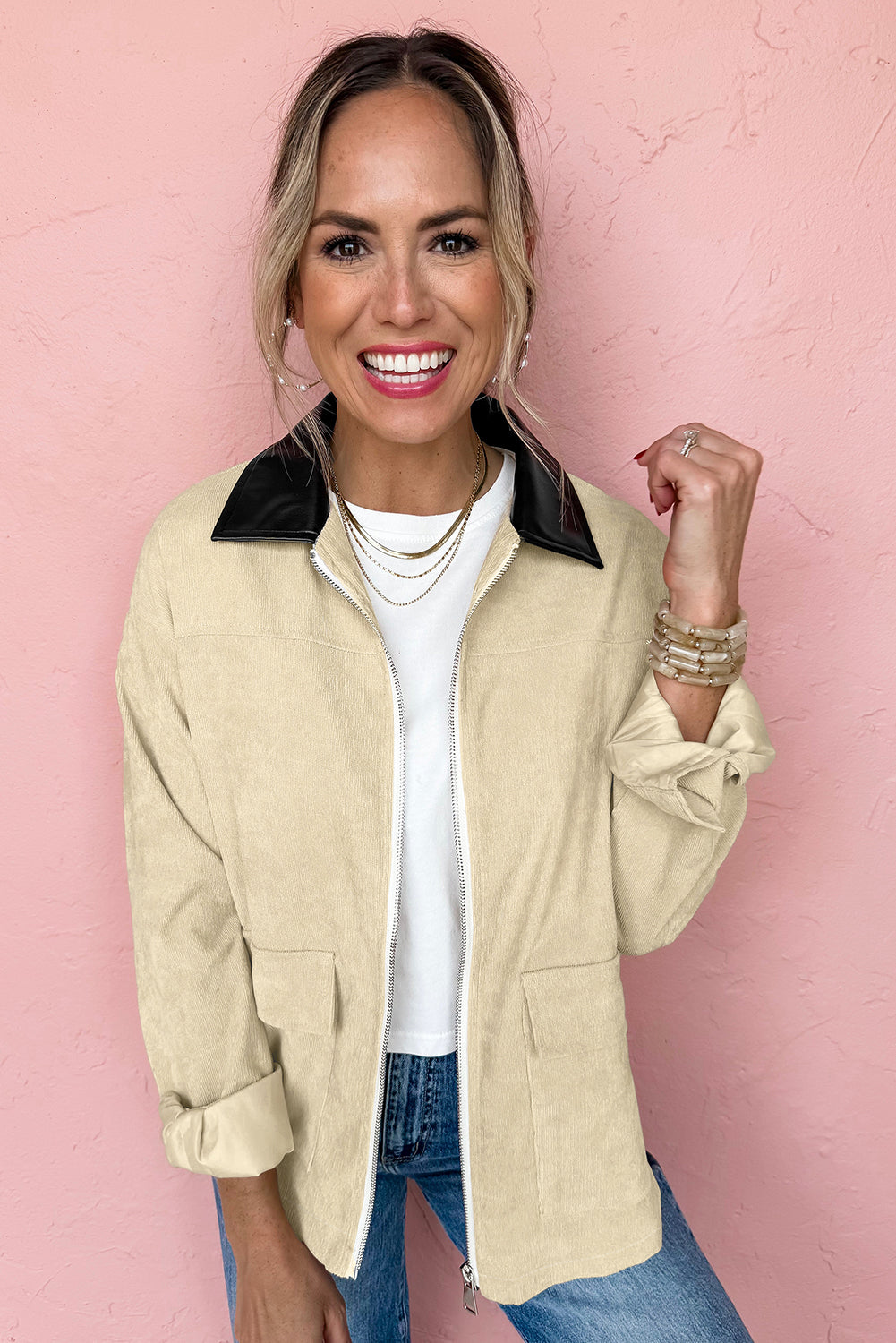 Parchment Contrast Leather Collar Textured Zip Up Jacket-Outerwear/Jackets-[Adult]-[Female]-2022 Online Blue Zone Planet