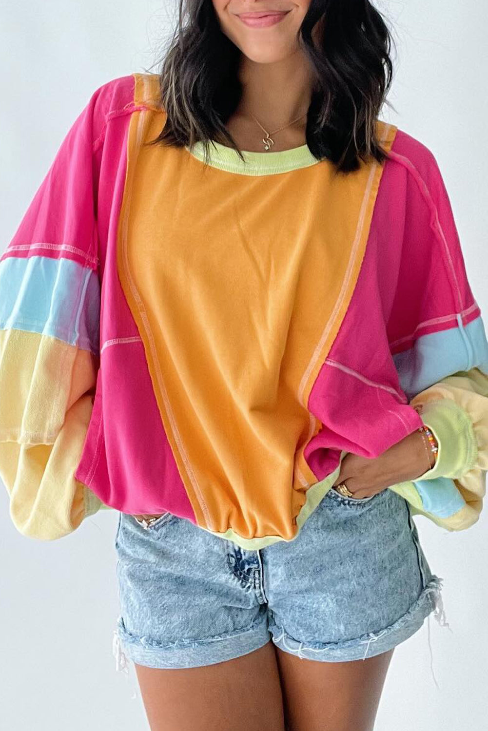 Rose Red Plus Size Colorblock Patchwork Exposed Seam Sweatshirt-Plus Size/Plus Size Sweatshirts & Hoodies-[Adult]-[Female]-Rose Red-1X-2022 Online Blue Zone Planet