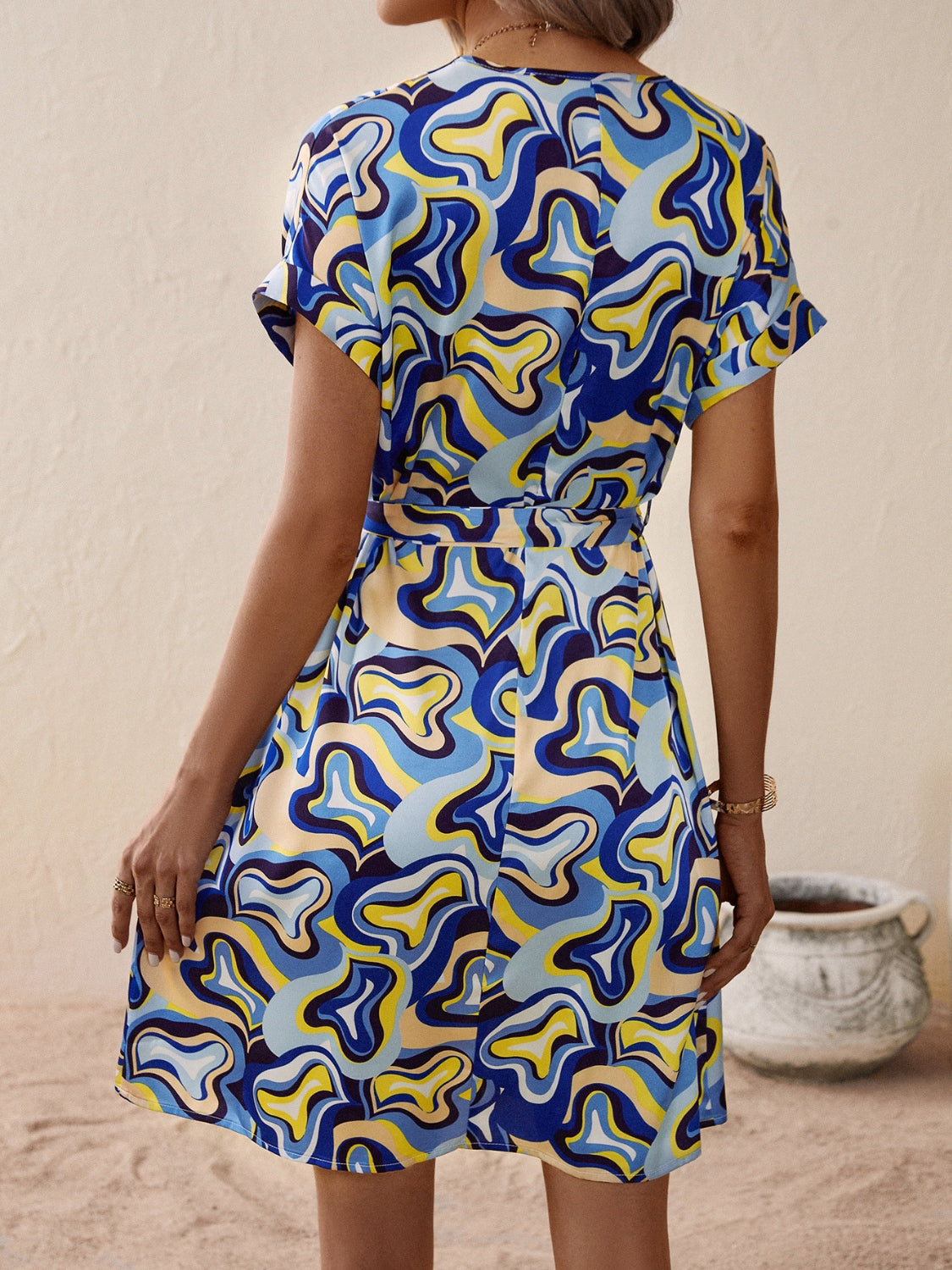 Tied Printed V-Neck Short Sleeve Dress-TOPS / DRESSES-[Adult]-[Female]-2022 Online Blue Zone Planet