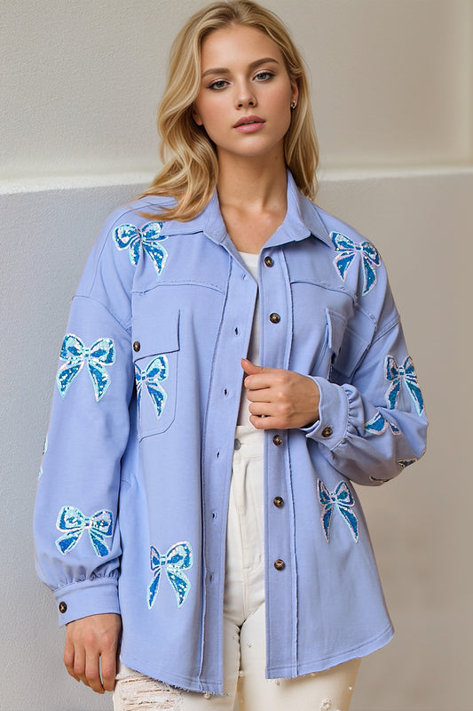 Double Take Full Size Sequin Bow Button Up Shacket-TOPS / DRESSES-[Adult]-[Female]-Light Blue-S-2022 Online Blue Zone Planet