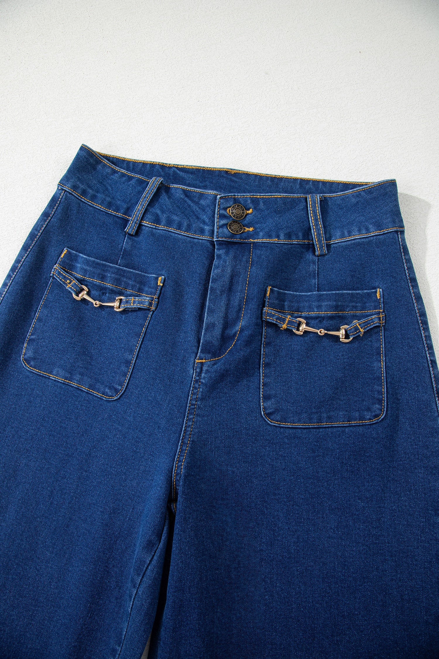 Sail Blue Hardware Decor Patched Pockets Wide Leg Denim Pants-Bottoms/Pants & Culotte-[Adult]-[Female]-2022 Online Blue Zone Planet