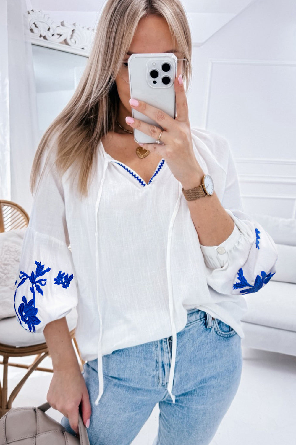 White Floral Embroidered Drawstring V Neck Blouse-Tops/Blouses & Shirts-[Adult]-[Female]-2022 Online Blue Zone Planet