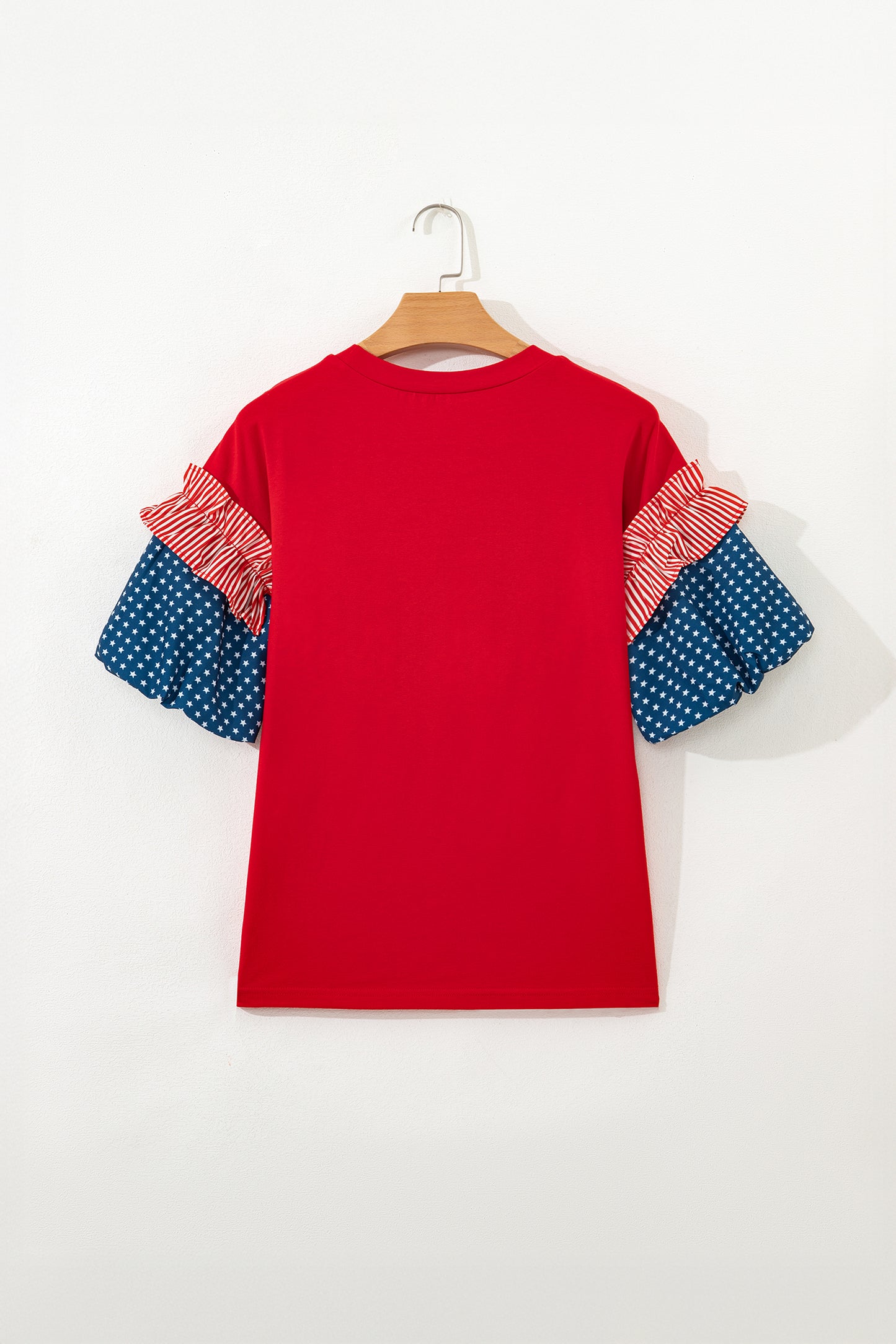 Fiery Red Stars Stripes Short Puff Sleeve Top-Tops/Tops & Tees-[Adult]-[Female]-2022 Online Blue Zone Planet
