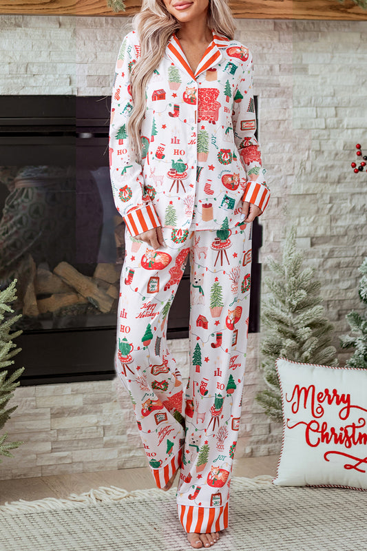 White Striped Holiday Long Sleeve Two Piece Shift Home Wear Lounge Set-Loungewear & Sleepwear/Loungewear-[Adult]-[Female]-White-S-2022 Online Blue Zone Planet