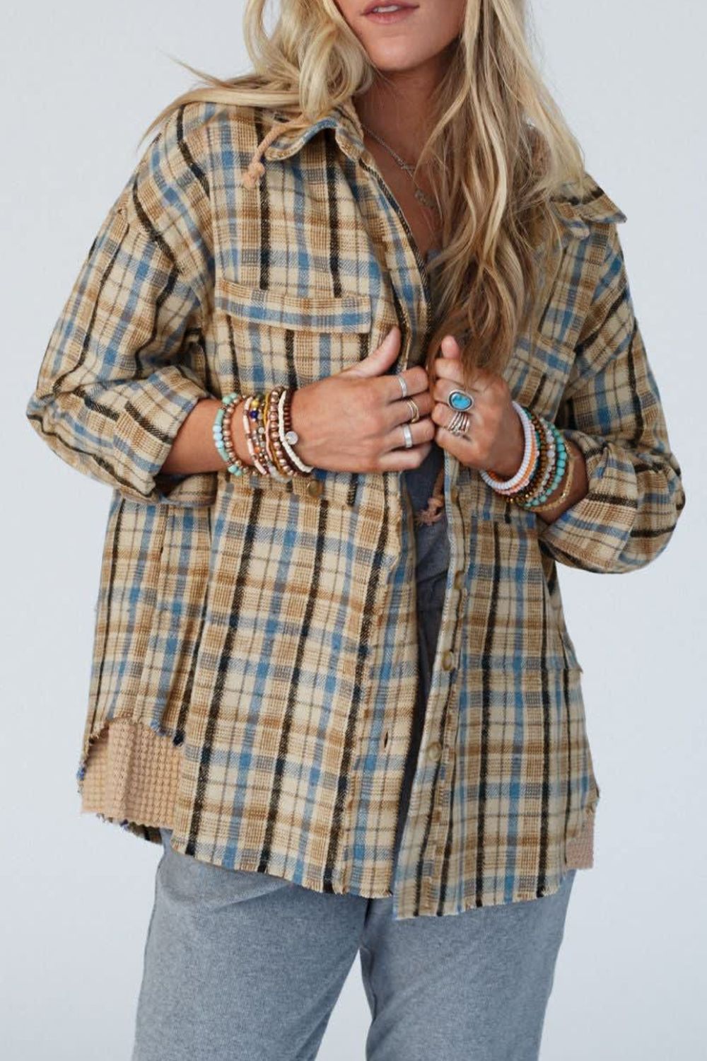 Drawstring Waffle Knit Patchwork Hooded Plaid Shacket-TOPS / DRESSES-[Adult]-[Female]-2022 Online Blue Zone Planet