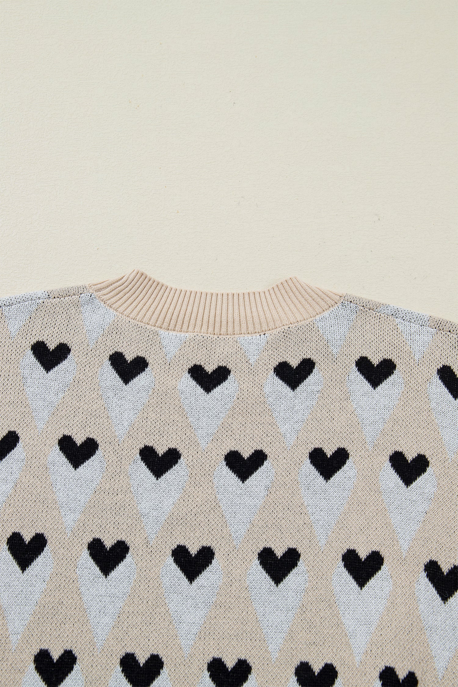 Parchment Geometric Heart Print Ribbed Trim Loose Sweater-TOPS / DRESSES-[Adult]-[Female]-2022 Online Blue Zone Planet