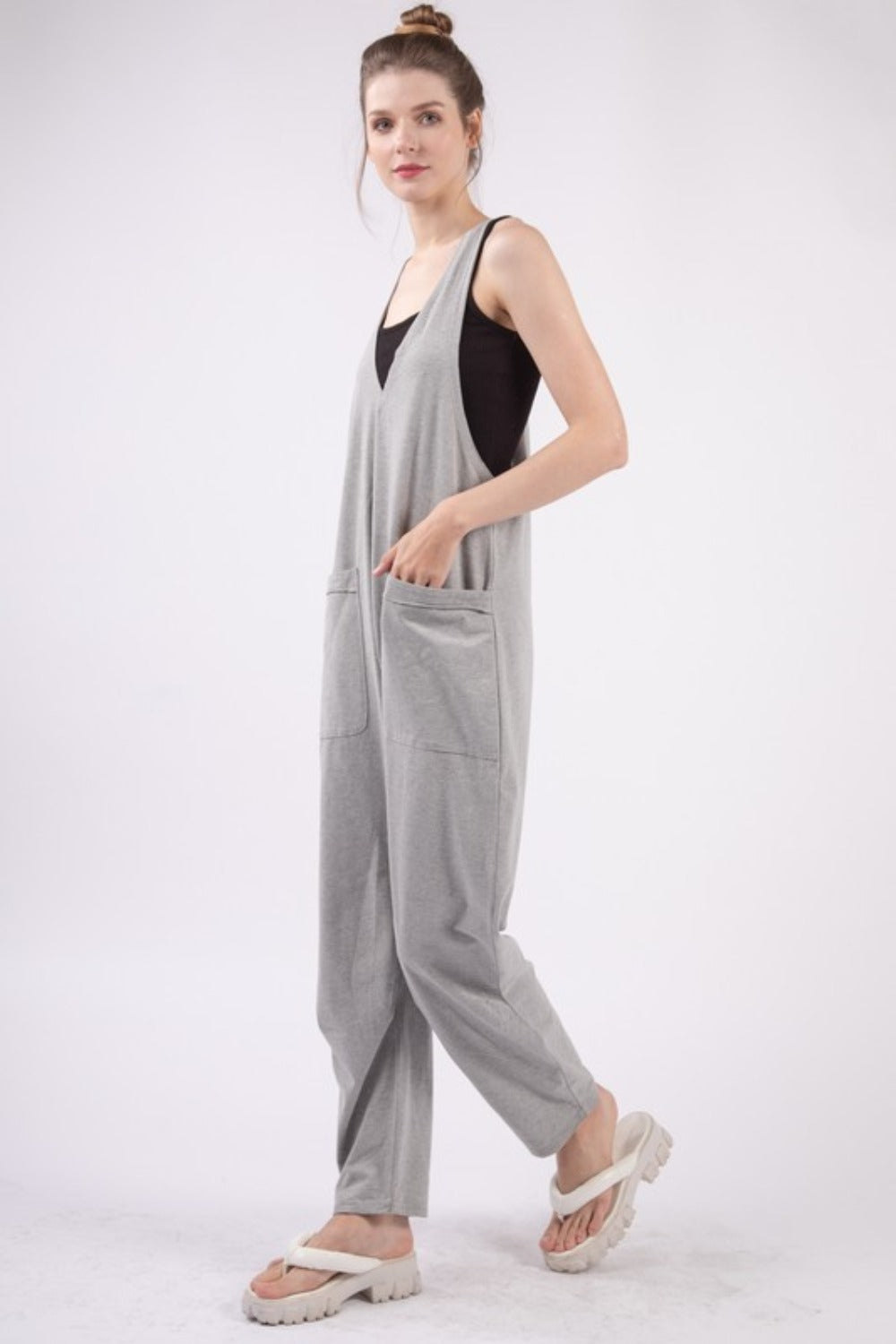 VERY J Plunge Sleeveless Jumpsuit with Pockets-TOPS / DRESSES-[Adult]-[Female]-2022 Online Blue Zone Planet