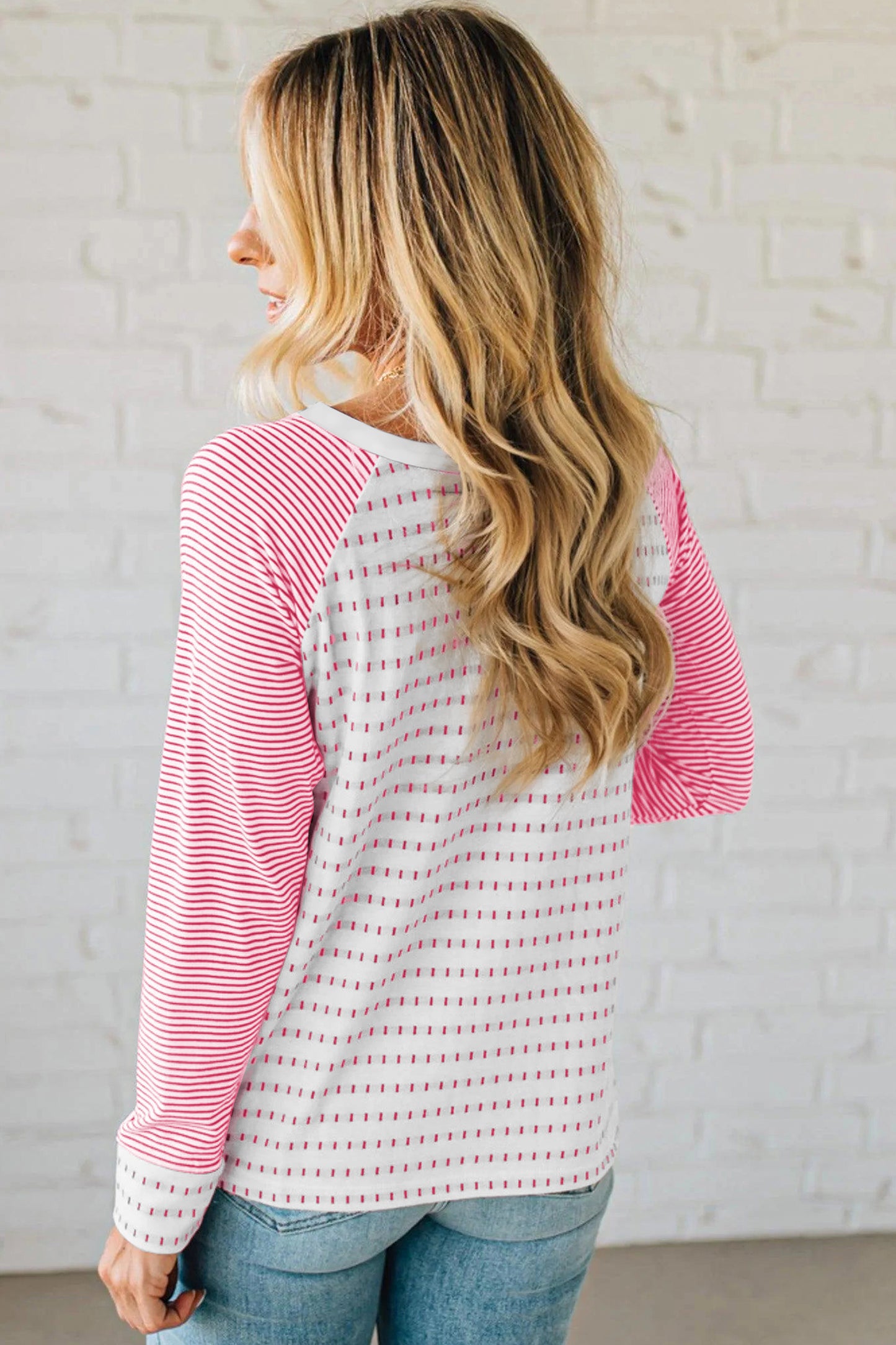 Rose Stripe Raglan Patchwork Long Sleeve Tee