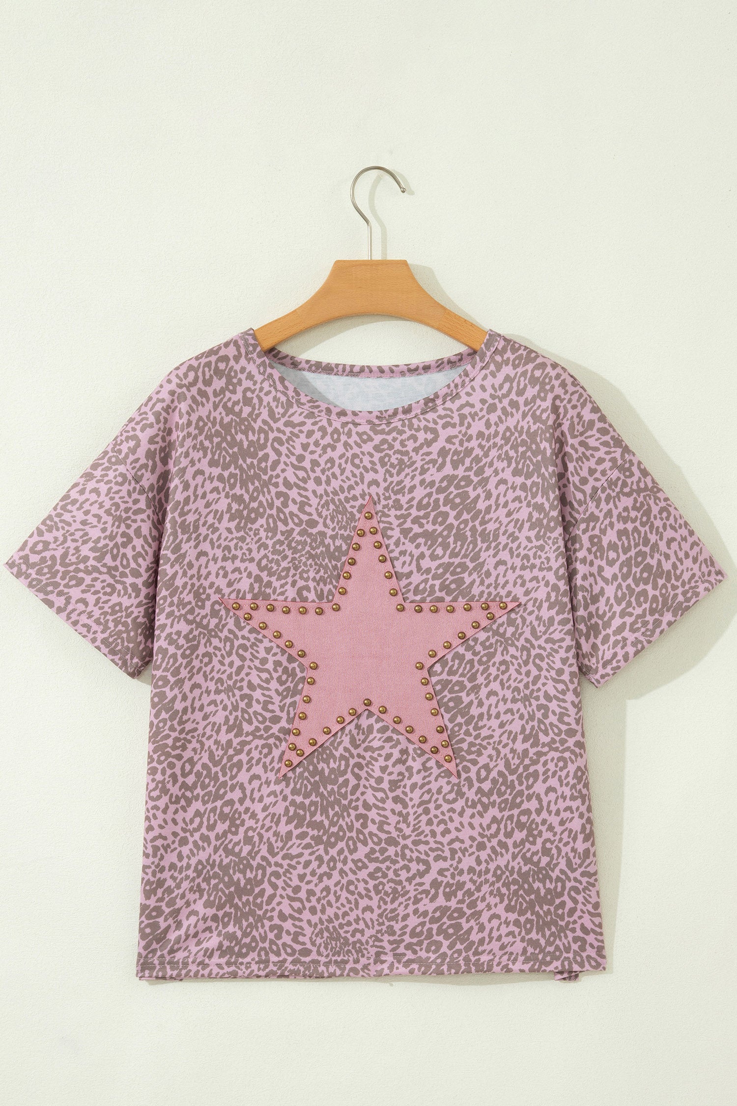 Khaki Leopard Retro Studded Star Patch Loose Tee-Tops/Tops & Tees-[Adult]-[Female]-2022 Online Blue Zone Planet