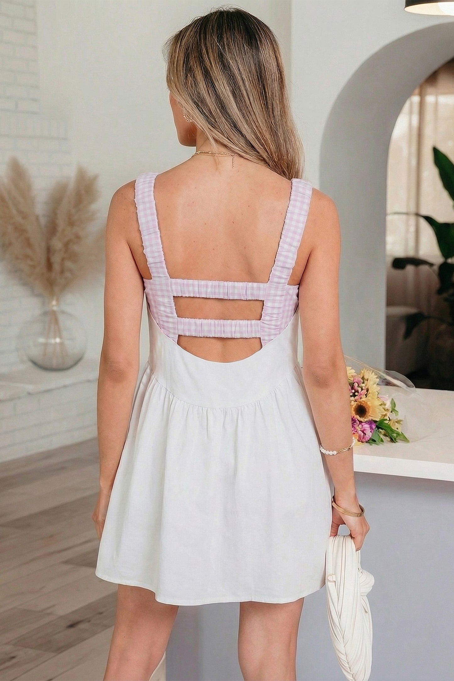 Yellow Cream Faux Two Piece Gingham Contrast Patchwork Loose Mini Dress-Dresses/Mini Dresses-[Adult]-[Female]-2022 Online Blue Zone Planet