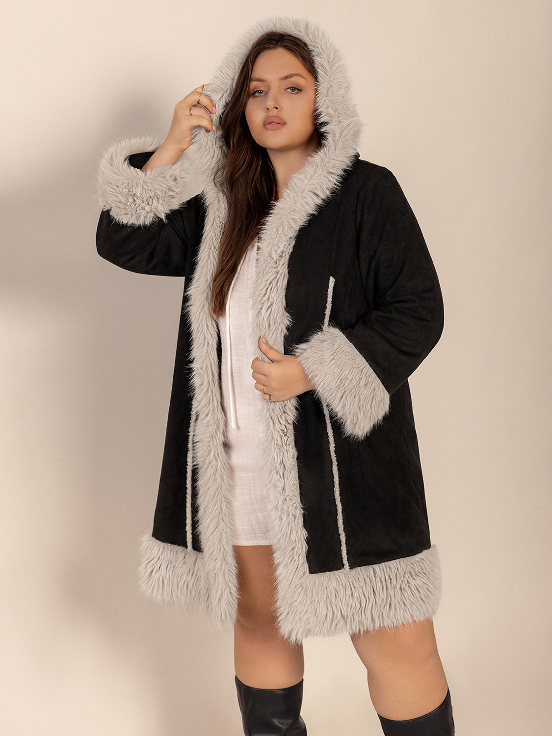 Blue Zone Planet | Plus Size Fuzzy Trim Open Front Long Sleeve Hooded Coat-TOPS / DRESSES-[Adult]-[Female]-2022 Online Blue Zone Planet