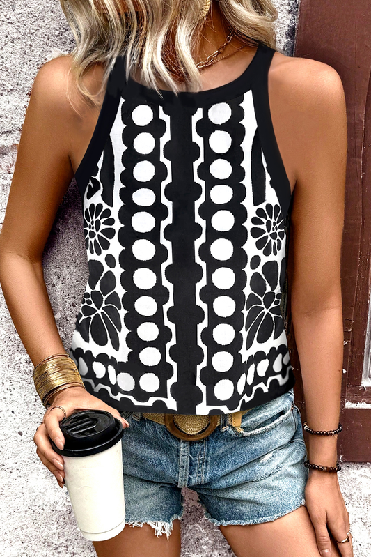 Black Abstract Dot Flower Print Tank Top-Tops/Tank Tops-[Adult]-[Female]-Black-S-2022 Online Blue Zone Planet