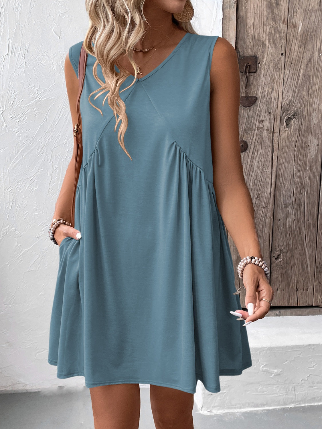 Ruched V-Neck Sleeveless Mini Dress-TOPS / DRESSES-[Adult]-[Female]-2022 Online Blue Zone Planet