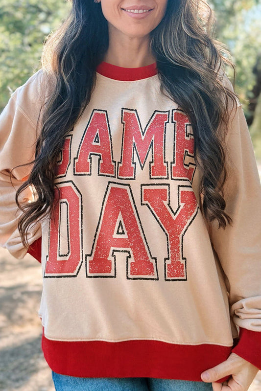 Oatmeal GAME DAY Letter Graphic Varsity Striped Detail Baggy Sweatshirt-Tops/Sweatshirts & Hoodies-[Adult]-[Female]-Oatmeal-S-2022 Online Blue Zone Planet