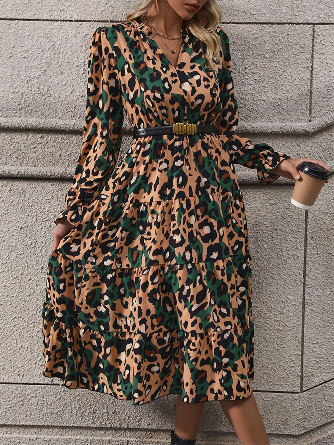 Leopard Notched Flounce Sleeve Midi Dress-TOPS / DRESSES-[Adult]-[Female]-2022 Online Blue Zone Planet