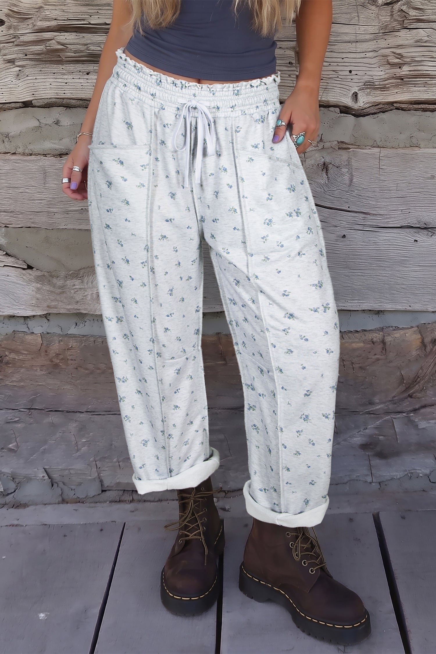 Gray Floral Print Elastic Waist Regular Fit Pants-Bottoms/Pants & Culotte-[Adult]-[Female]-Gray-S-2022 Online Blue Zone Planet
