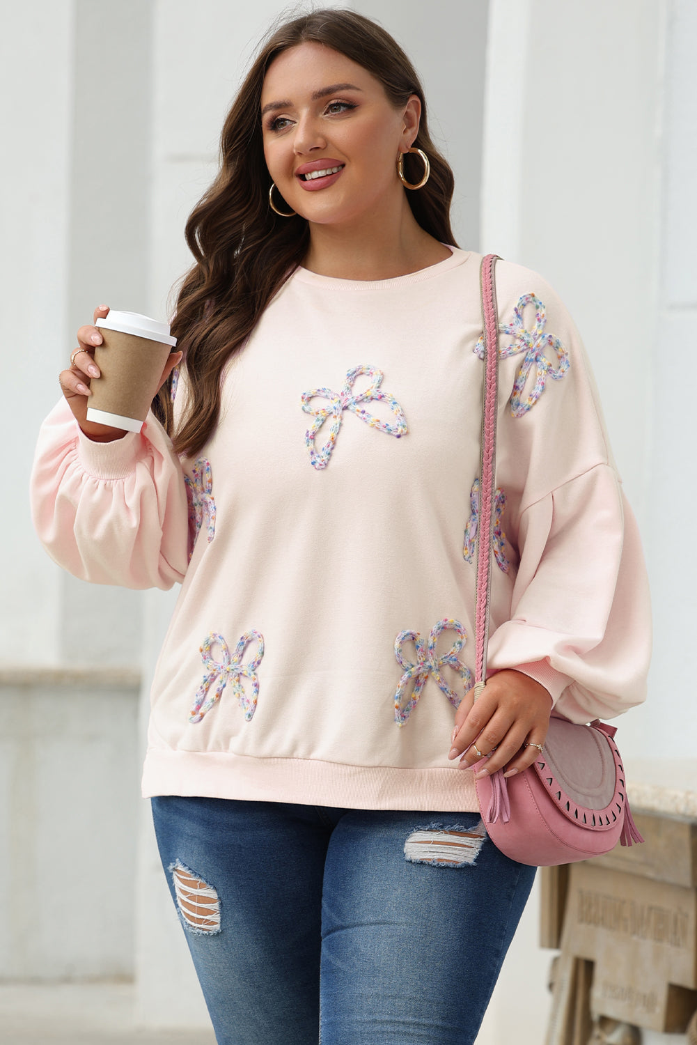 Blue Zone Planet | Light Pink Embroidered Bow Lantern Sleeve Oversized Pullover Sweatshirt-Tops/Sweatshirts & Hoodies-[Adult]-[Female]-2022 Online Blue Zone Planet