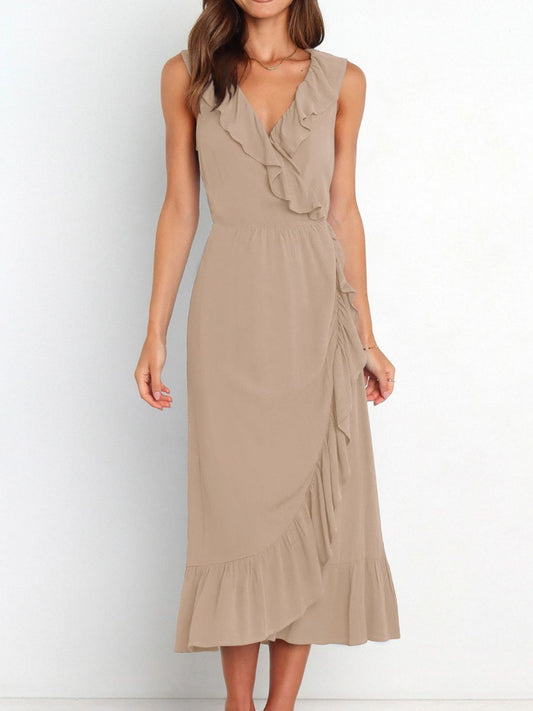 Ruffled Surplice Sleeveless Midi Dress-TOPS / DRESSES-[Adult]-[Female]-Khaki-S-2022 Online Blue Zone Planet