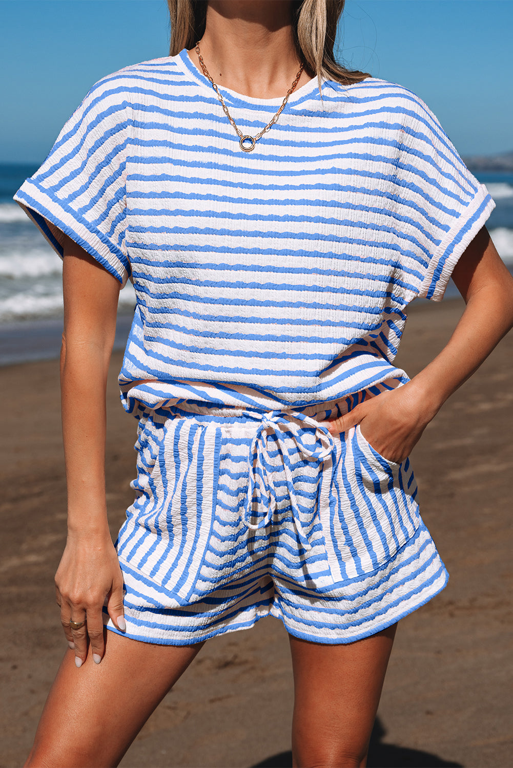 Sky Blue Stripe Knitted Short Sleeve Top and Drawstring Shorts Set-Two Piece Sets/Short Sets-[Adult]-[Female]-2022 Online Blue Zone Planet