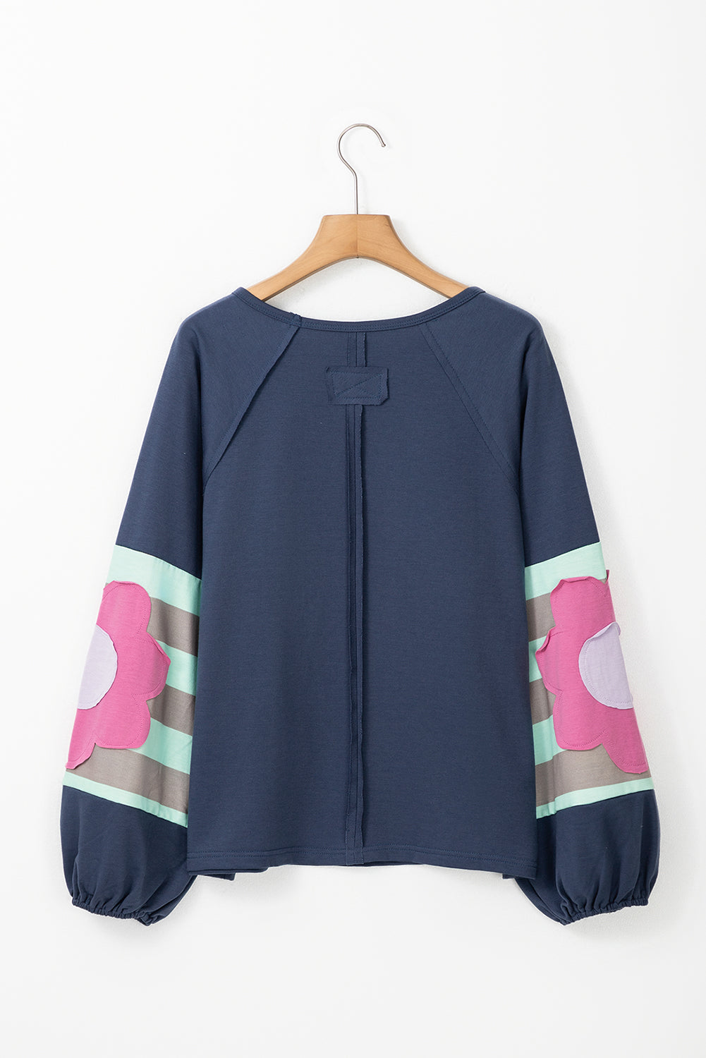 Blue Zone Planet | Smoke Green Flower Patchwork Exposed Seam Raglan Sleeve Top-Long Sleeve Tops-[Adult]-[Female]-2022 Online Blue Zone Planet