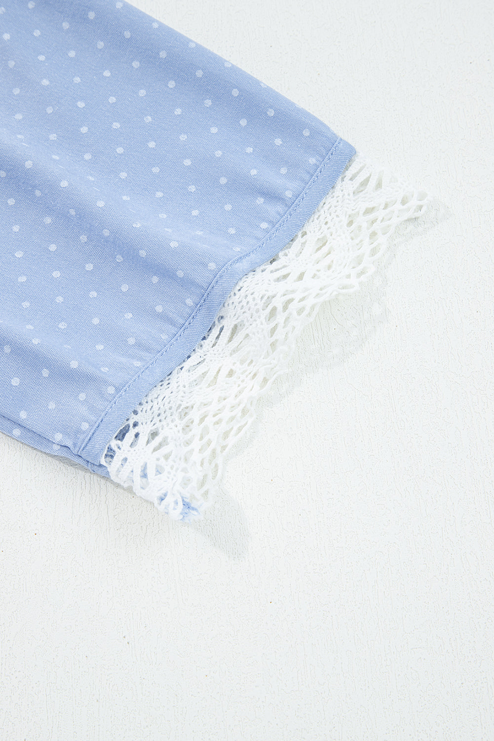 Beau Blue Lace Trim Patchwork Dotted Print Collared Denim Blouse-Tops/Blouses & Shirts-[Adult]-[Female]-2022 Online Blue Zone Planet