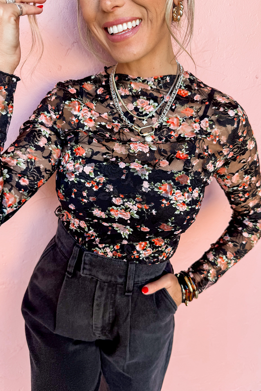 Black Floral Mesh Sheer Long Sleeve Top-Tops/Long Sleeve Tops-[Adult]-[Female]-Black-S-2022 Online Blue Zone Planet