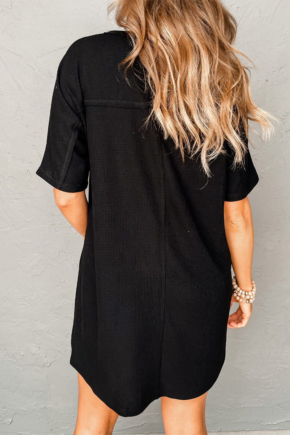 Black Waffle Knit T-shirt Dress with Pockets Blue Zone Planet